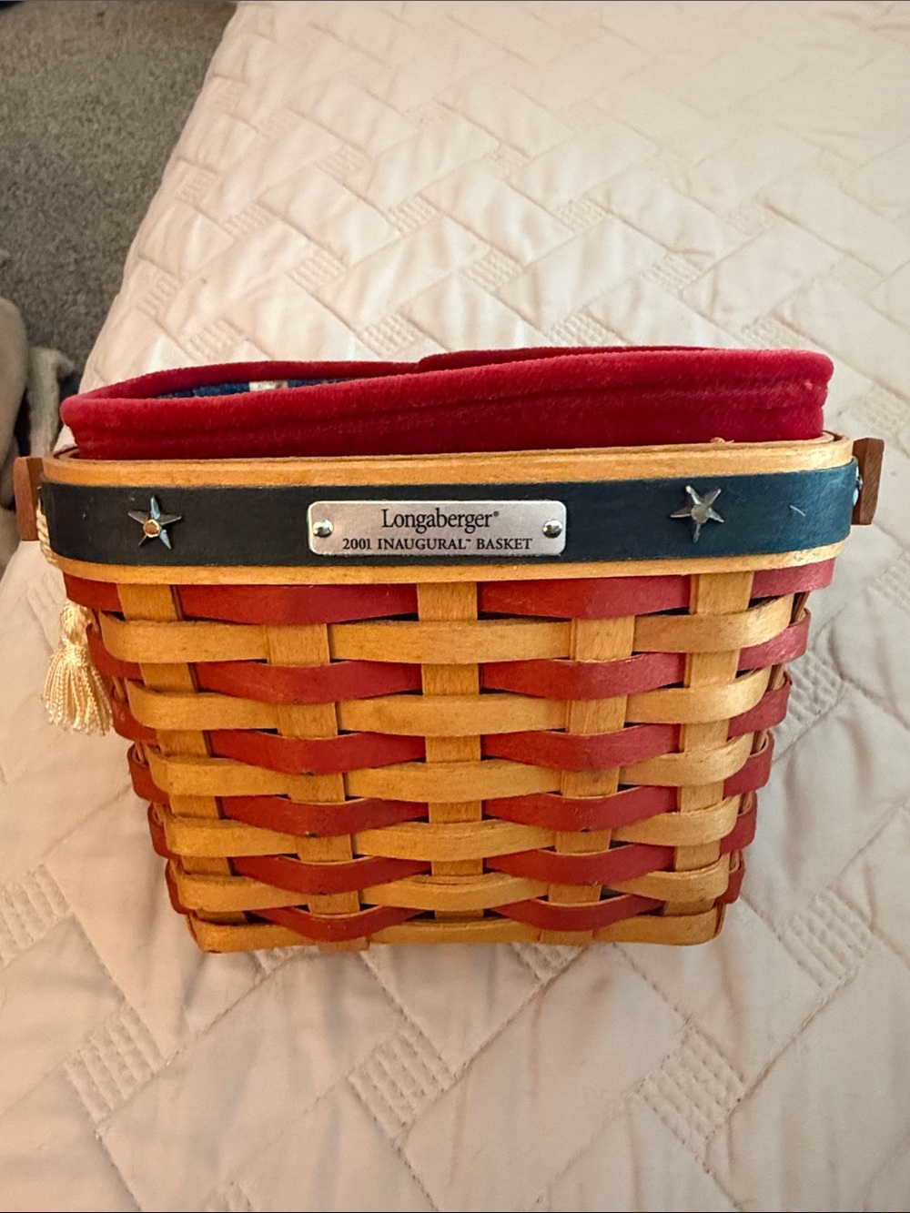 Longaberger Red and Natural Woven Basket with Black Trim